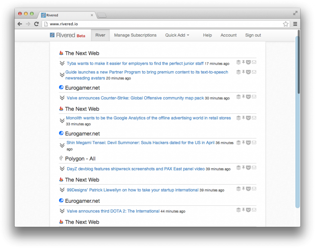 Rivered is an RSS reader that treats RSS more like Twitter - a continuous stream of updates.